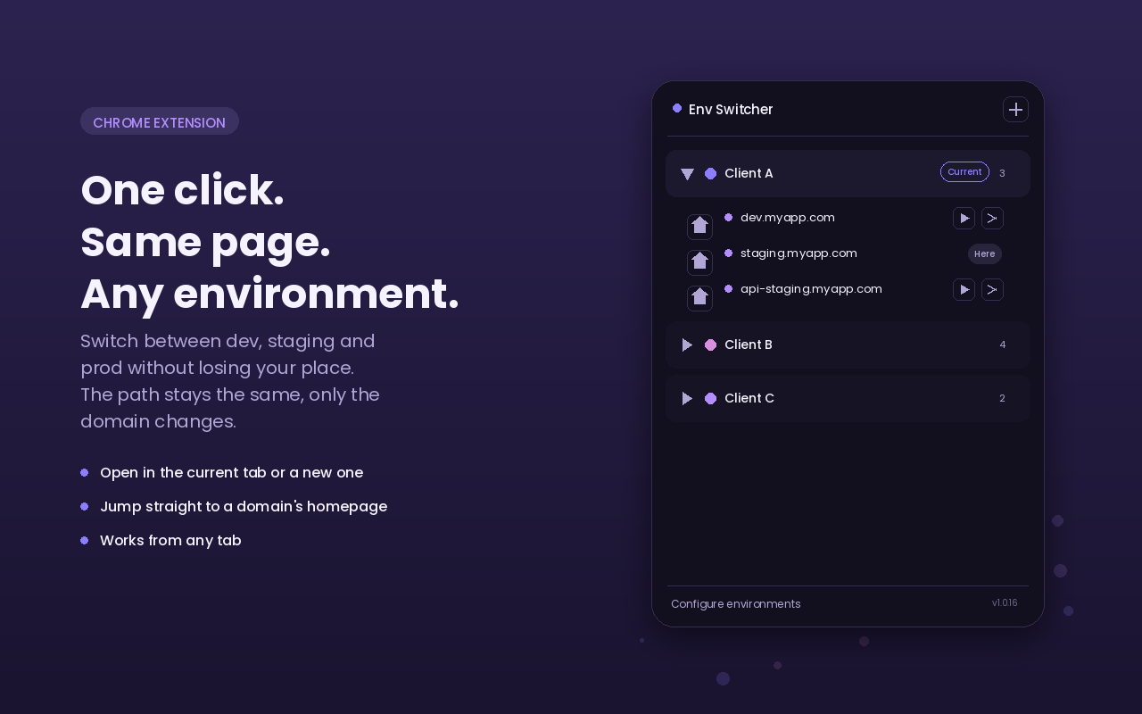 Env Switcher popup showing the Client A environment expanded, with three domains and quick actions.