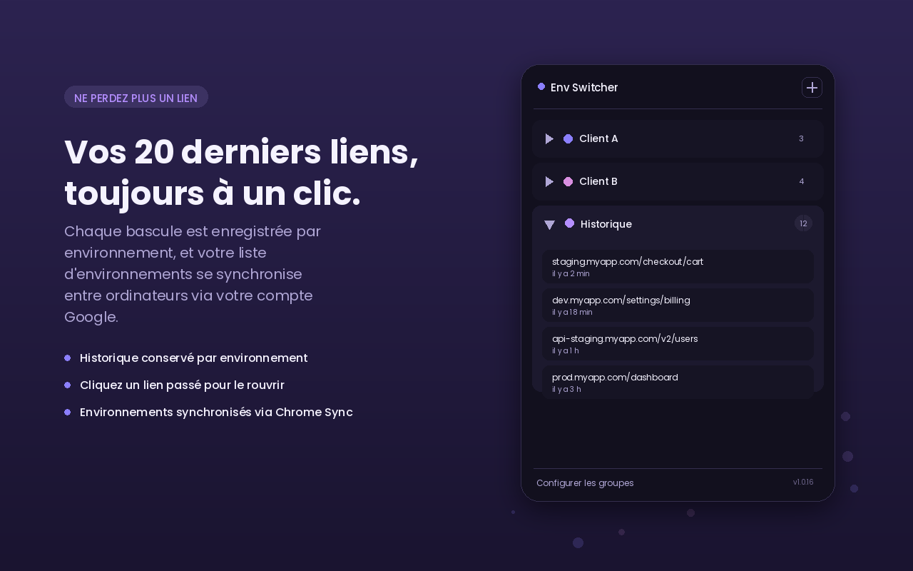 Popup Env Switcher montrant la section historique avec les liens récents.